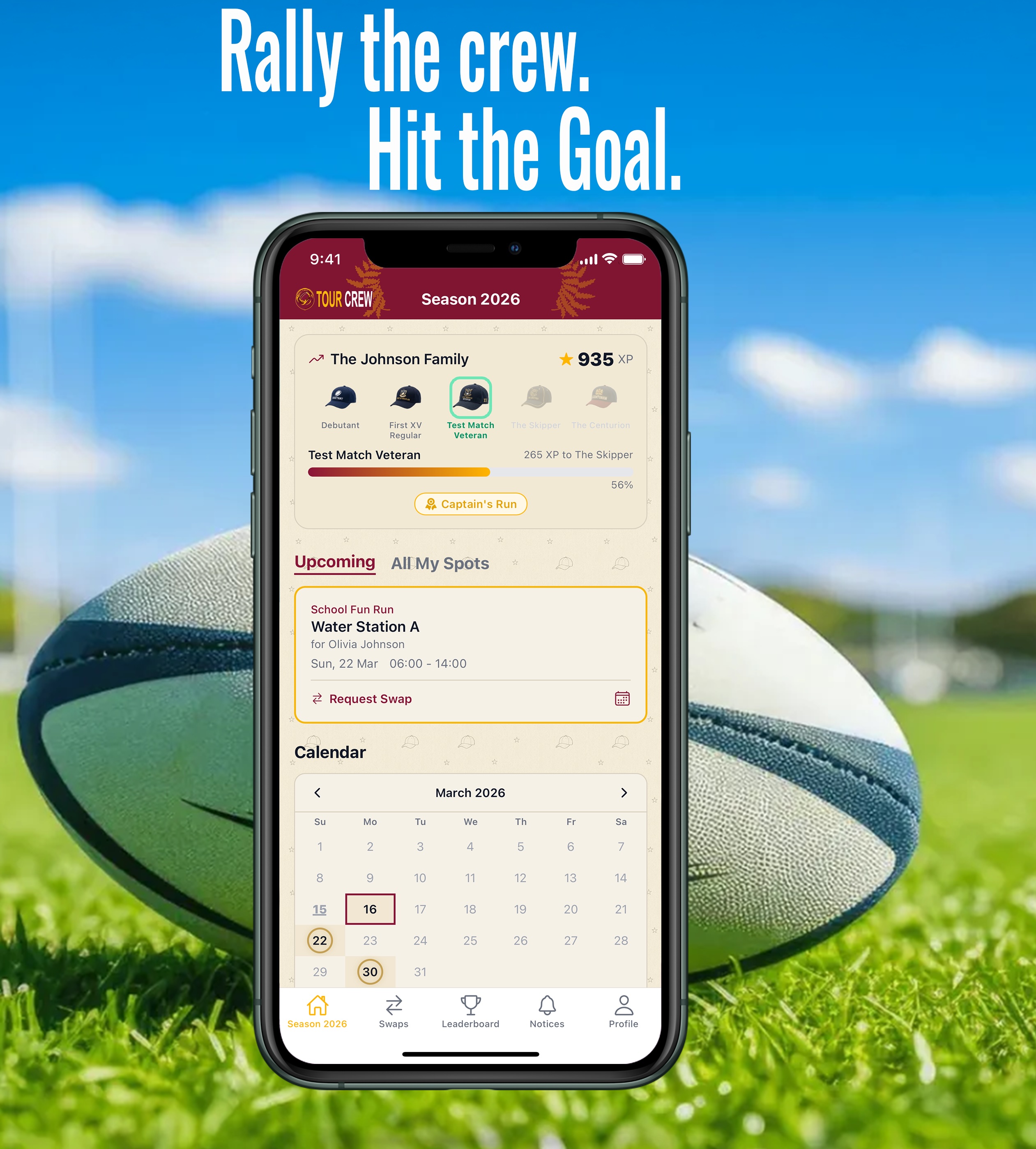 SidelineCrew App — Dashboard showing upcoming events, XP progress, and volunteer calendar